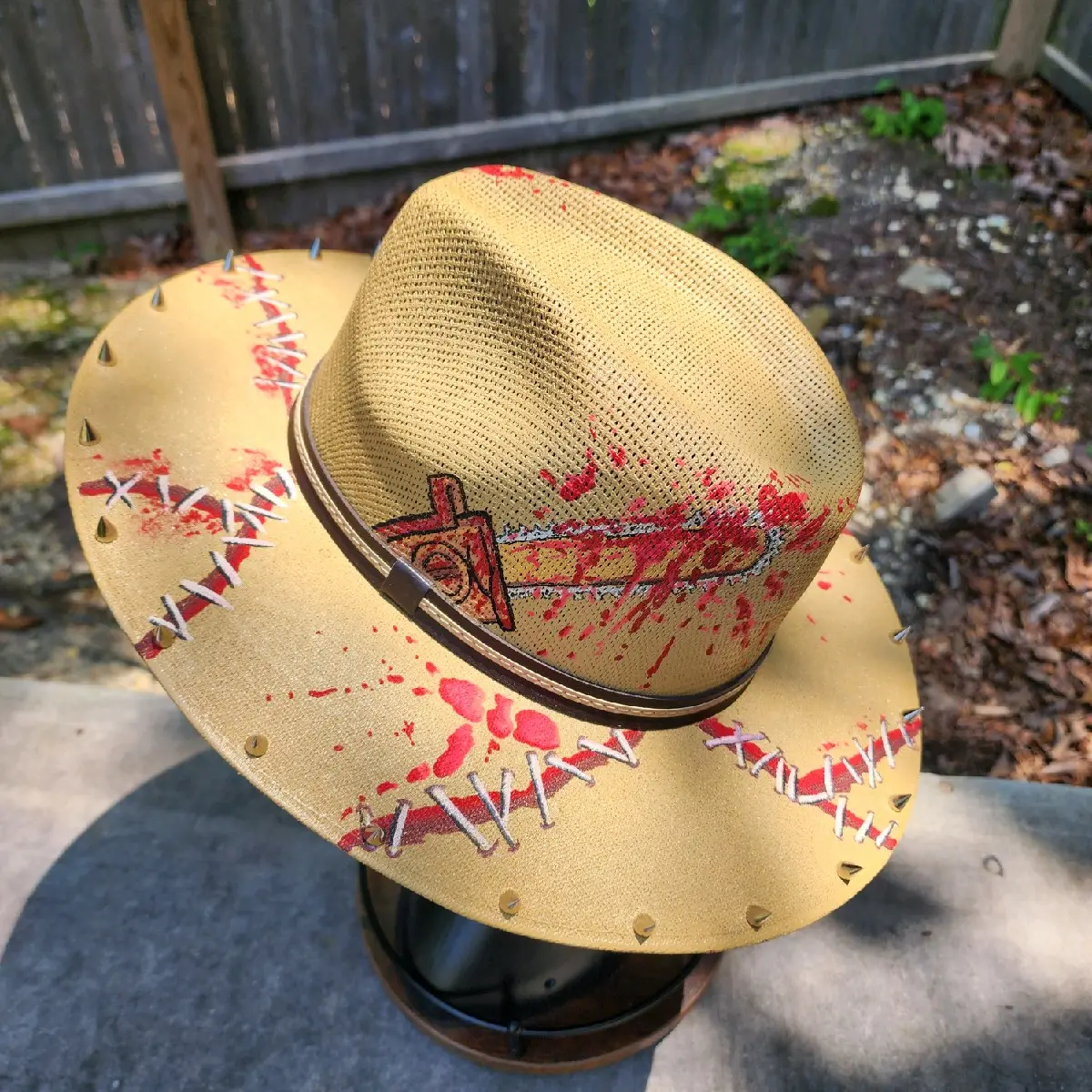 Leatherface Texas Chainsaw Massacre Inspired Horror Fashion Hat Hand Painted With Silver Spikes