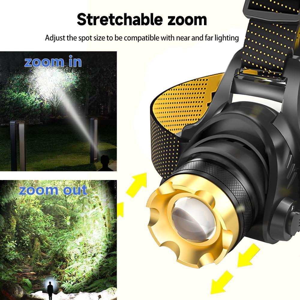 Headlamp Flashlight Rechargeable LED Headlamp 3 Modes Zoomable with Waterproof ABS, USB Charger & Car Charger, Black & Yellow