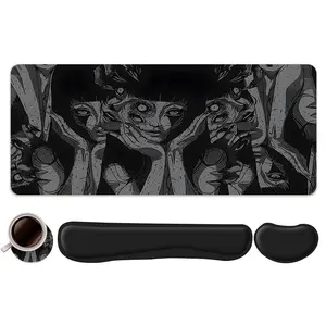 4pcs Dark Horror Anime Design Mouse Pad + Keyboard Wrist Rest + Ergonomic Mouse Pad + Coaster Set, Office Accessories Set with Ergonomic Wrist Support, Computer Mat for Desktop Decoration, Suitable for Home Office Gaming, Anime Mousepad, Desktop Accessory