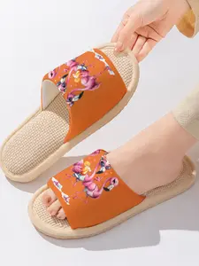 Party Flamingos (Sunglasses & Drinks) Pattern | Vibrant Vacation Style 1 Pair Linen Breathable Non-Slip Sweat-Absorbent Home Slippers For Vacation Lovers/Girls (Spring Summer/Lounging/Girl's Night) Indoor Slipper