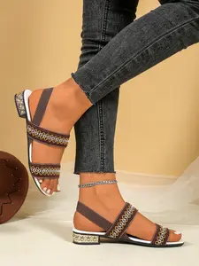 Boho Embroidered Strap Sandals for Women, Summer Flat Roman Shoes, Exotic Style, Perfect for Vacation, Ladies' Fashion Footwear