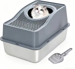 Top Entry Cat Litter Box with Lid, Stainless Steel Enclosed Cat Kitty Litterbox, Top Loading Large Metal High Side Litter Pan Tray Box Enclosure Easy Cleaning Anti-Leakage