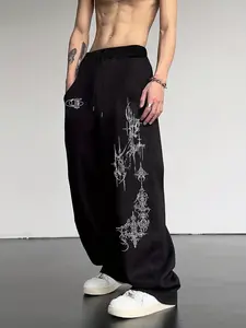 Men's Gothic Geometric Print Drawstring Sweatpants, Casual Loose-Fitting Fashion Pants, Spring & Fall Wear, Unique Versatile Style, Casual Chic Bottoms, Chic Comfy Pants