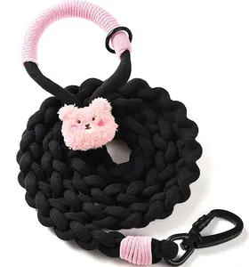 4FT Heavy Duty Braided Rope Dog Leash, Soft Cotton Design with Locking Clip for Medium & Large Dogs – Ideal for Walking & Training (Black – Bear Plush)