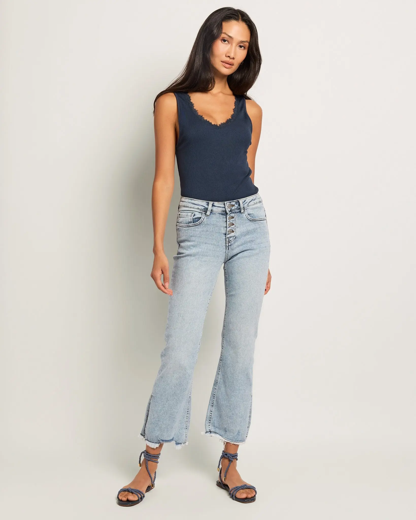 Women's Mid-Rise Comfy Fitted Cropped Side-Slit Jeans, Women's Bottoms Pair with Blouses