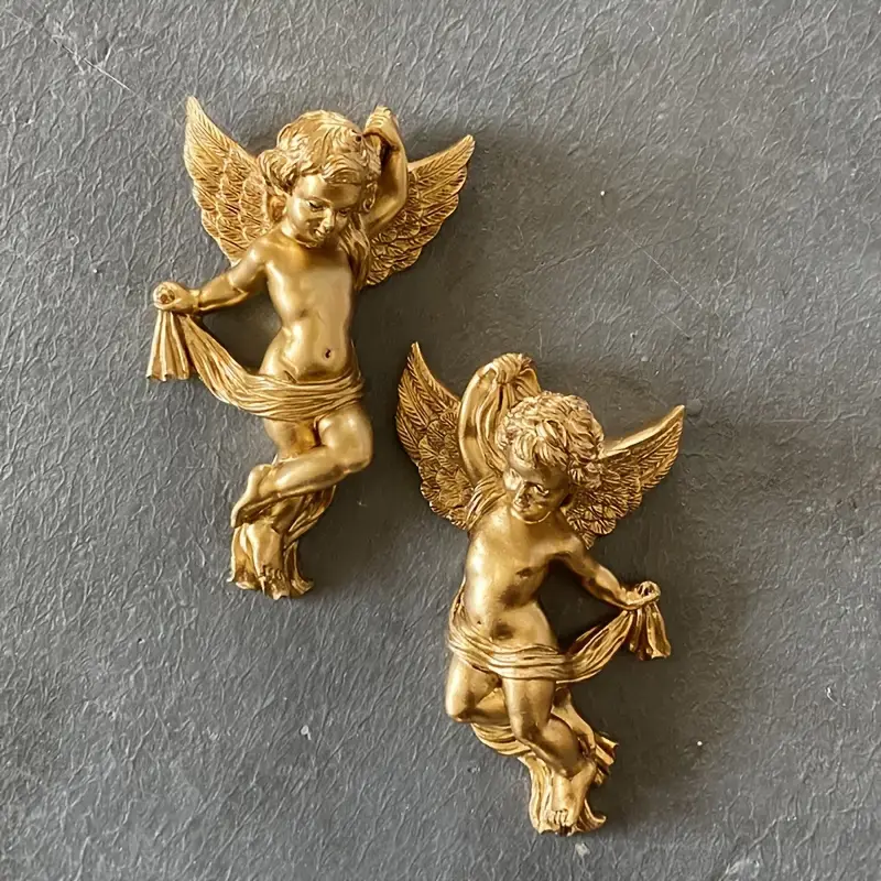 2pcs Vintage Golden Angel Statue Wall Decor,Golden Wall Decor Sculptures - Wall Art Decoration - Perfect for Living Room, Hallway And Entryway, Ideal for Elegant Home Decor, Hooks on The Back for Easy Installation, Room Decor Western Figurine Home Decore