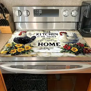 Soft Electric Stove Cover Cook Top Panel Protector Pad,Vintage Wood Grain Rooster Design, Scratch Resistant, Easy Clean, Multi-Purpose Kitchen Mat