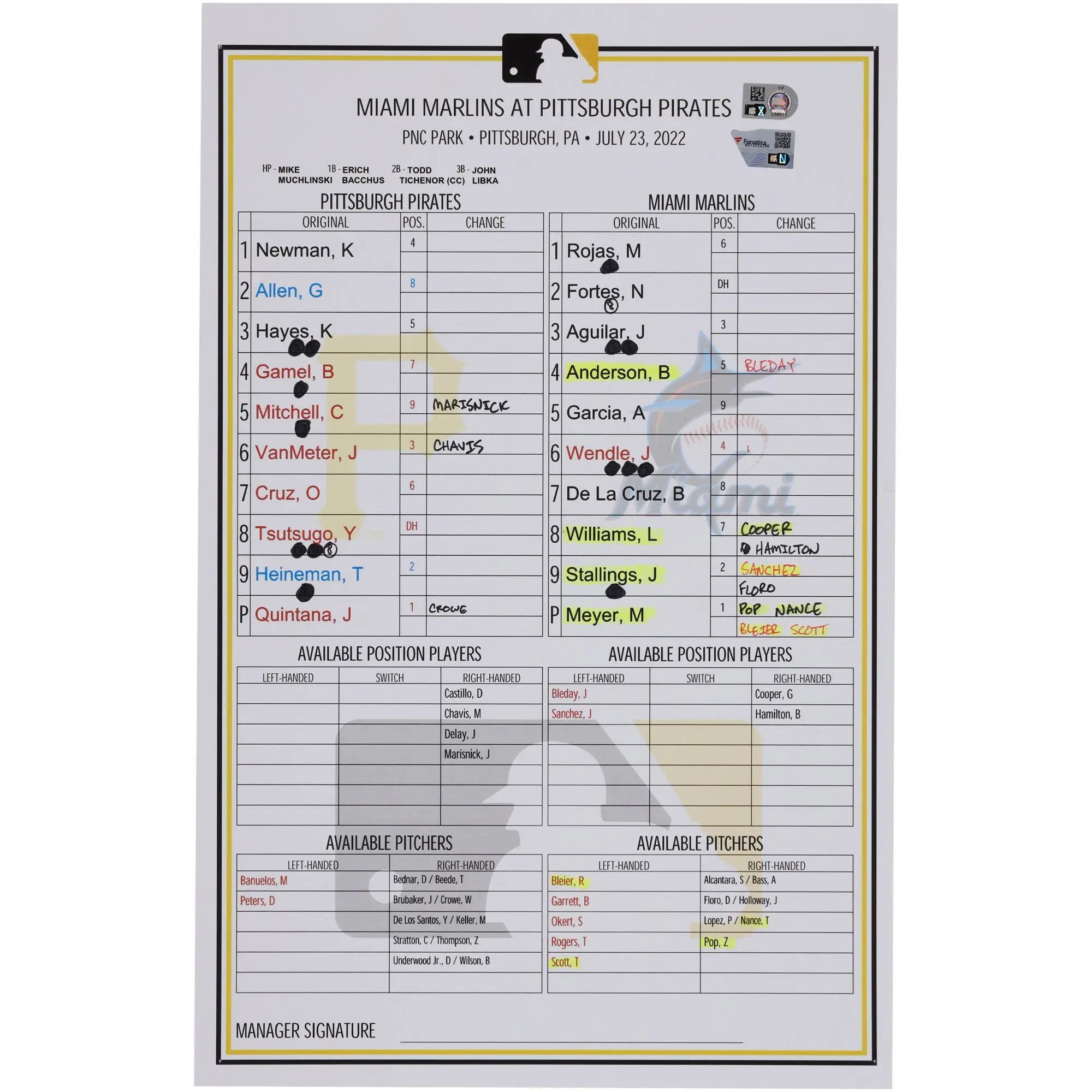 Pittsburgh Pirates Game-Used Lineup Card vs. Miami Marlins on July 23, 2022 - Fanatics Authentic Certified