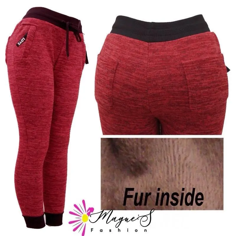 BOO9-FLEECE WINTTE Red Fleece Winter Pants with Fur Inside for Cozy Comfort