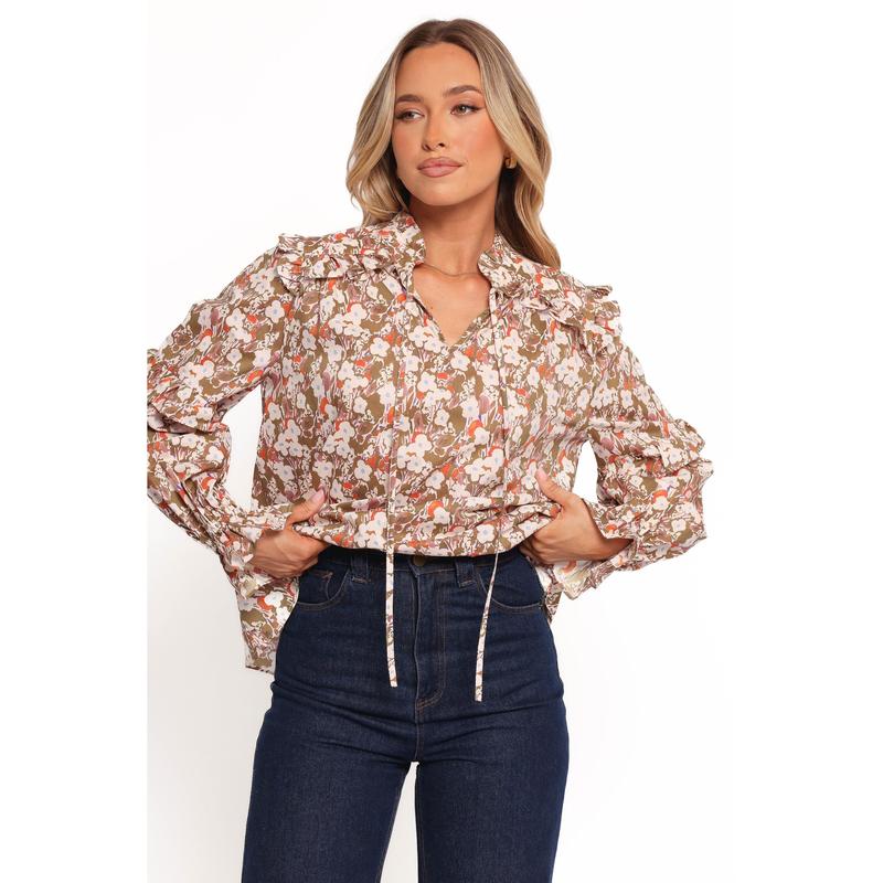 Selmah Long Sleeve Top - Cream Olive Orange