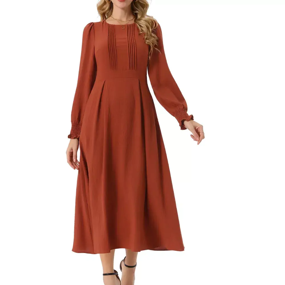INSPIRE CHIC Women's Elegant Frilled Crewneck Midi Long Sleeve Pleated A-Line Flowy Dress with Pockets, Polyester, Spandex