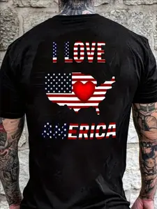 I Love America Print T-shirt, Men's Casual Street Style Stretch Round Neck Tee Shirt For Summer