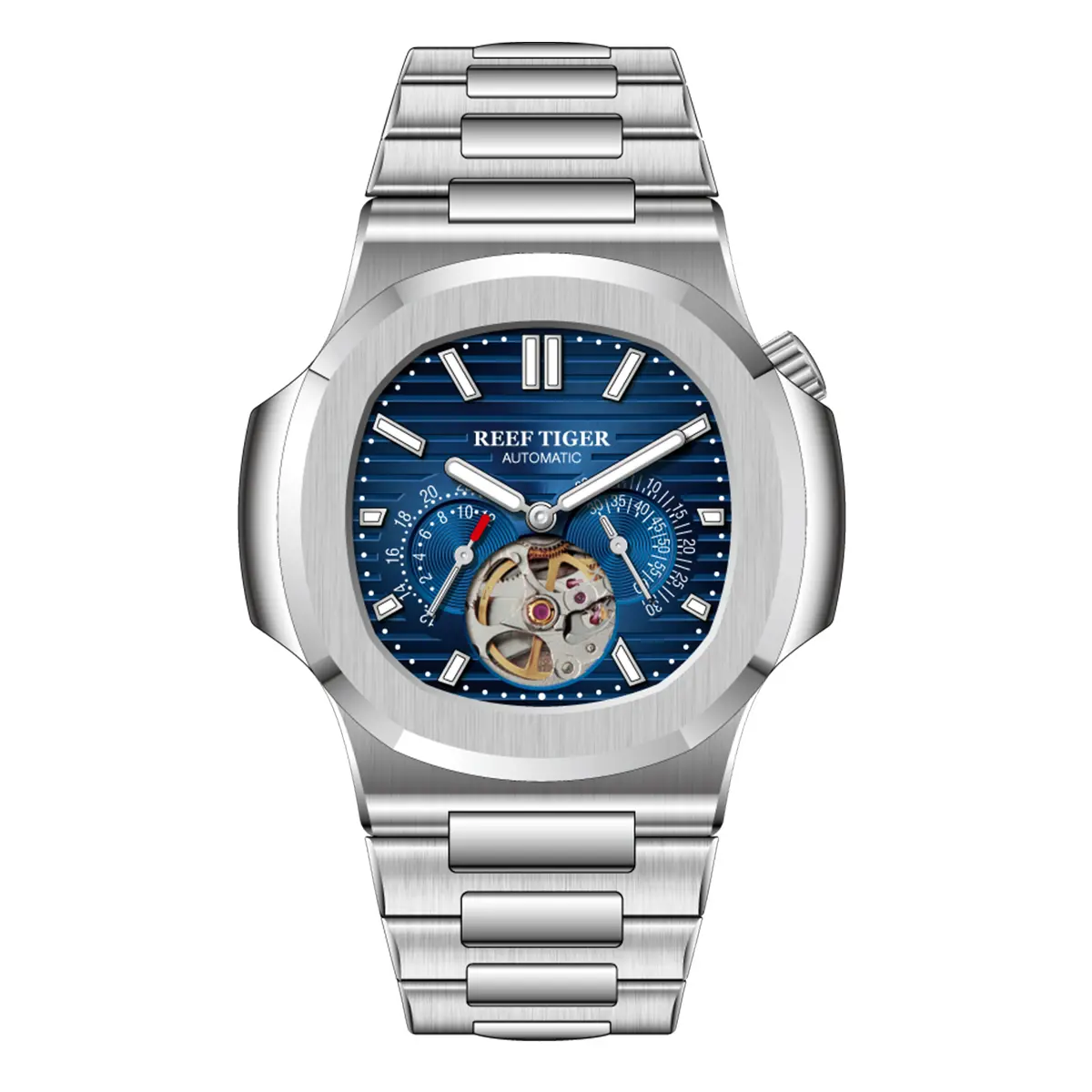 Reef Tiger Male Fashion Wrist Watch - 44mm Large Dial Metal Automatic Mechanical Wristwatch, 50M Waterproof, Luminous, Sapphire Mirror, Hollow Dial, Fashion Wrist Watches, Large Dial Wrist Watches