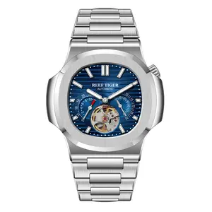 Reef Tiger Men Automatic Watch 44mm SquareMechanical Wristwatch 50M Waterproof LuminousSapphire Mirror Hollow Out Dial
