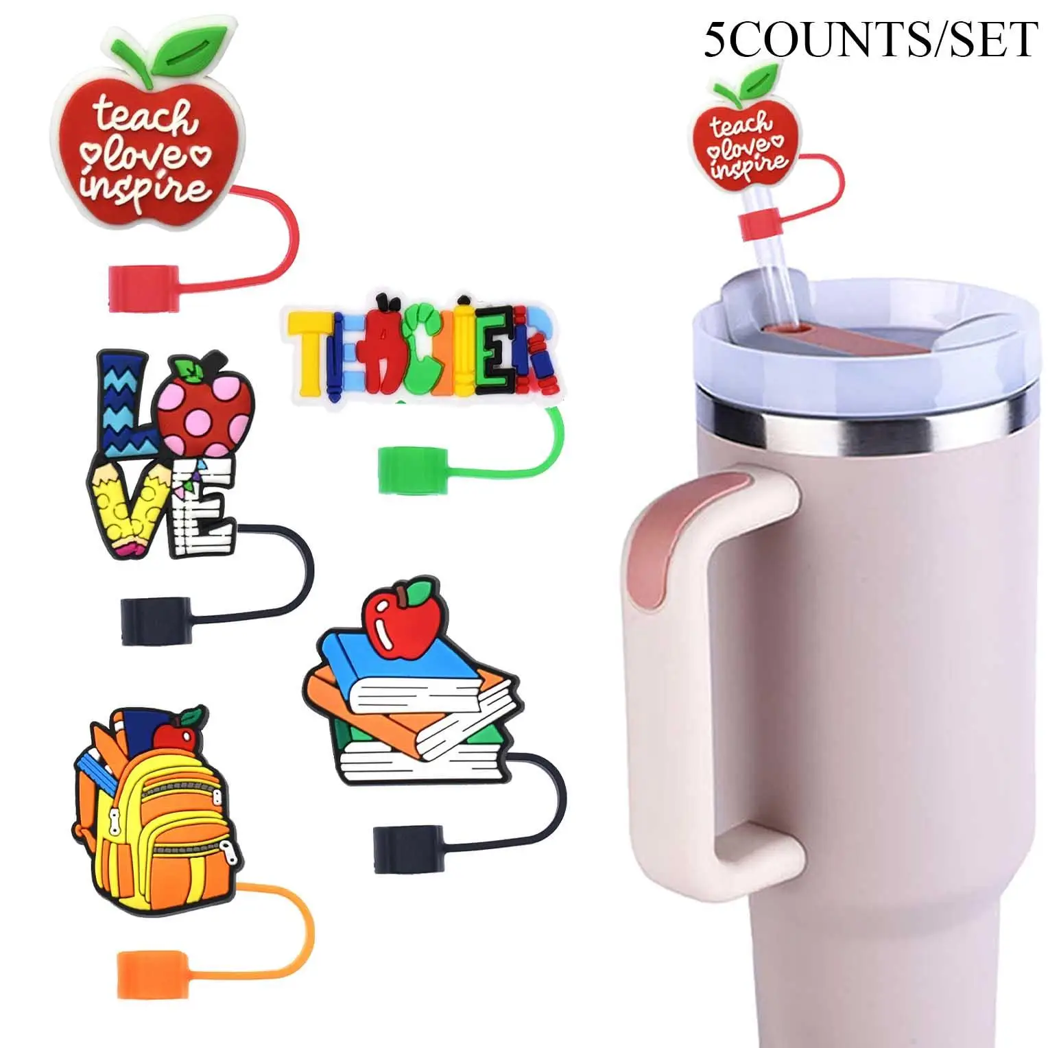 Cartoon Straw Cap, 5 Counts/set Reusable Silicone Straw Cover, Letter & Book & Schoolbag Pattern Straw Cap for School Student