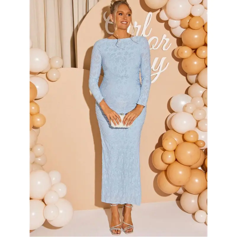 Loomaby Maternity Boat Neck Jacquard Long Sleeve Fitted Elegant Dress Baby  Blue Pregnancy Photoshoot Dress Gender Reveal Powder Blue Dress Dress  Gender Reveal Dress Maternity Dress Baby Shower Dress - TikTok Shop