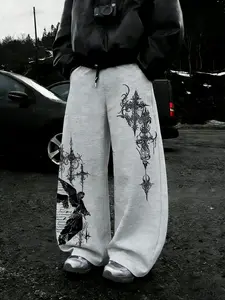 Gothic Dark Angel Cross Graphic Joggers | Y2K Alt Fashion Baggy Pants | Emo Aesthetic Streetwear | Trendy E-girl E-boy Outfits | Dark Academia Gothic Print Bottoms | Oversized Comfortable Casual Pants | Viral TikTok Gothic Clothing | Edgy Gothic Angel