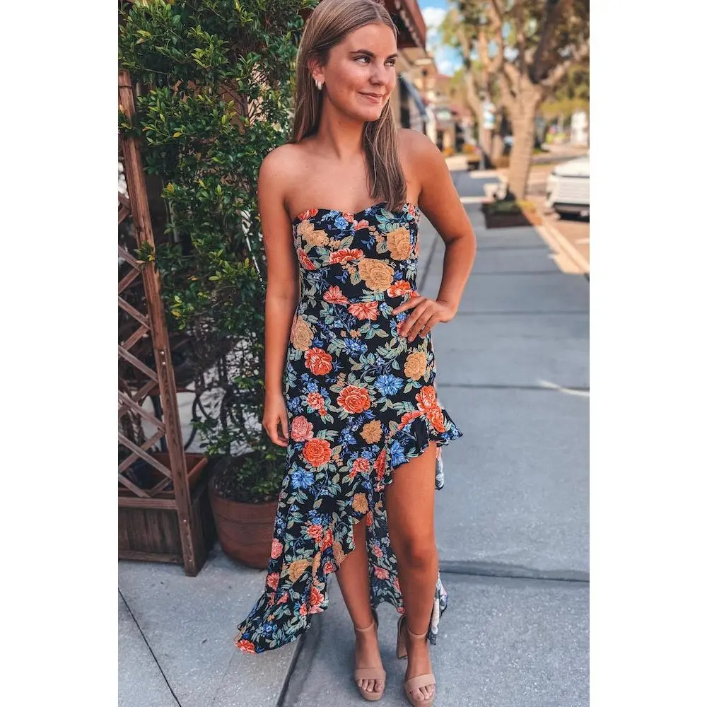 Floral Strapless Gown With Cascading Ruffle
