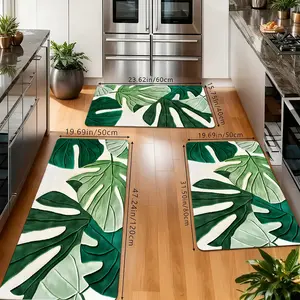 Tropical Monstera Kitchen Rugs Set, Non-Slip Washable Floor Mats, Large Monstera Leaf Print Runner Carpets for Kitchen, Bathroom & Tropical Home Decor