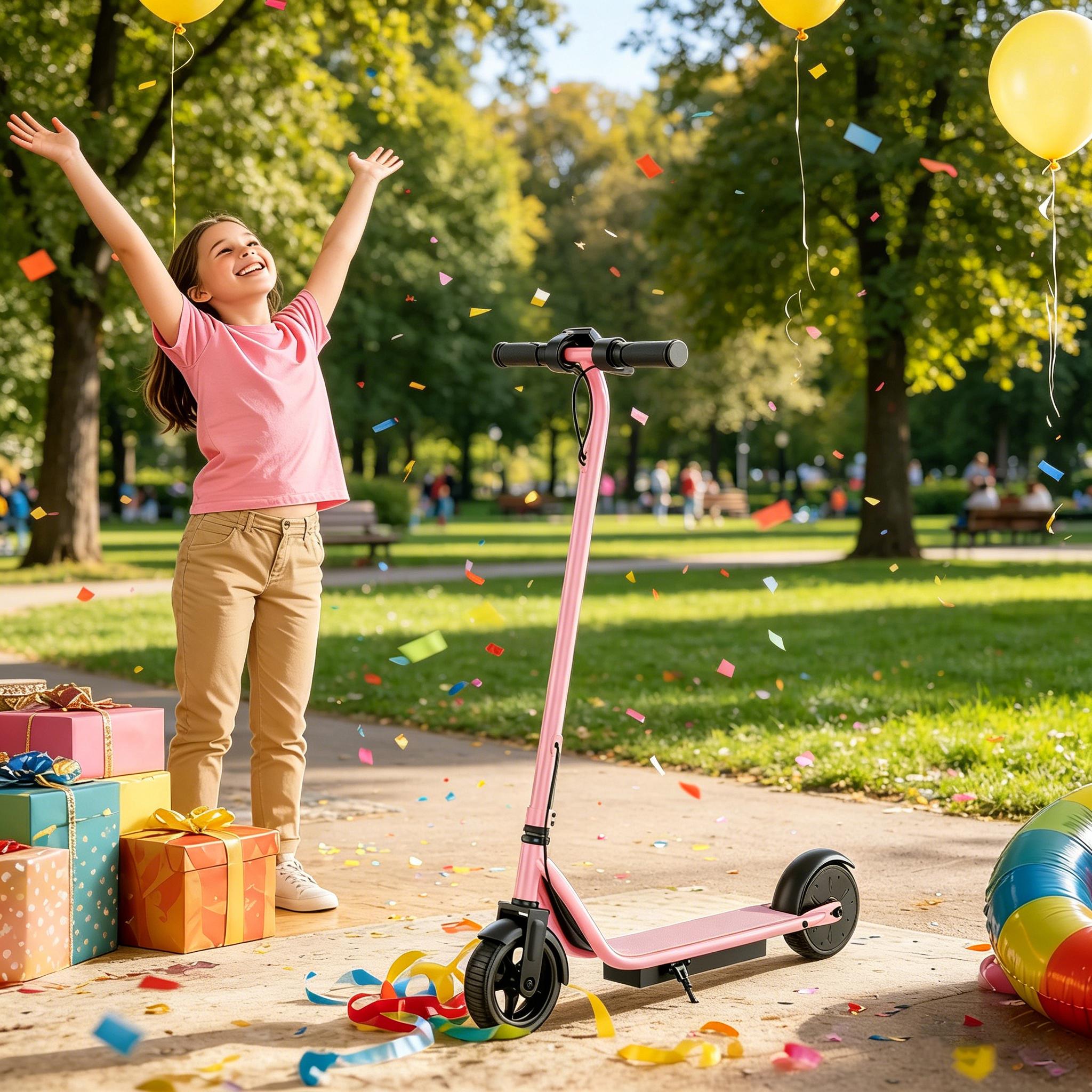 A Kids Electric Scooter with 250W Motor 3 Speed Modes Up to 9 MPH 6.5" Solid Tires Lightweight Safe Stable Ride for Boys Girls Outdoor Fun