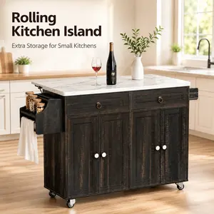 Rolling Kitchen Island Cart with Power Outlet and Storage, Drop Leaf Mobile Kitchen Island on Wheels with Drawer, Adjustable Cabinet and Towel Rack for Small Kitchens