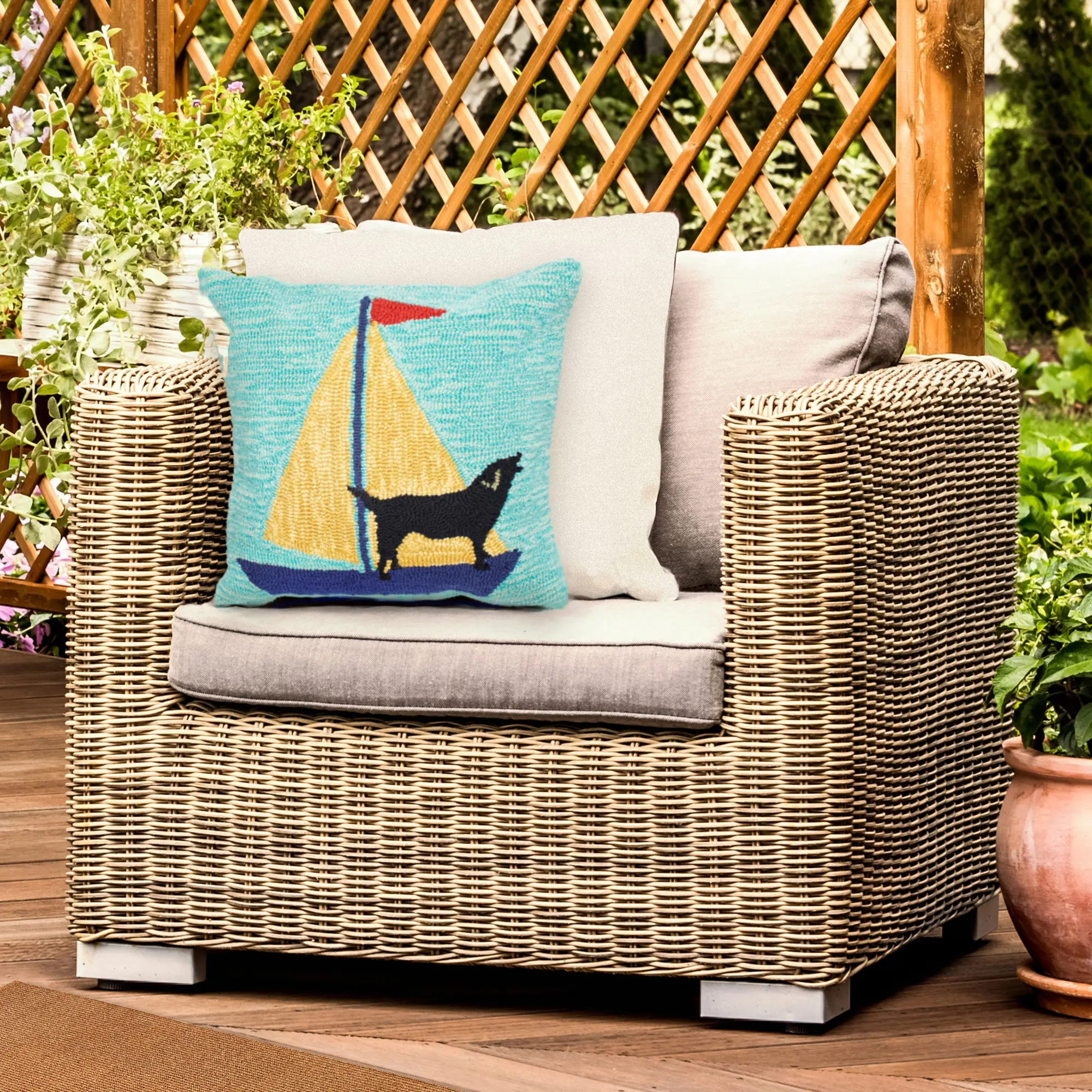Lush Decor FRONTPORCH Indoor/Outdoor Handmade Pillow - Transitional Geometric Coastal Animal Camping  (Sailing Dog), Cushions For Outdoor Chairs, Outdoor Cushion Covers