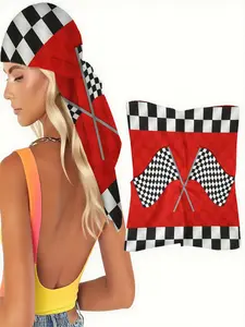 1pc Elegant Red Black & White Checkered Flag Motif Scarf, Ultra Soft & Lightweight, Versatile Square Wrap for Headband, Hair Scarf, Neck & Shoulder, Sporty Chic Accessory