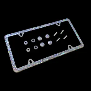 Dazzling Addiction Bling License Plate Frame Holographic Silver Big Chunky Glitter Bling Clear Made in USA Handmade Diamond Holder Screw Caps Personalizable Customizable Customized White Bedazzled Sparkly Shimmering for Girls and Women 4 Holes