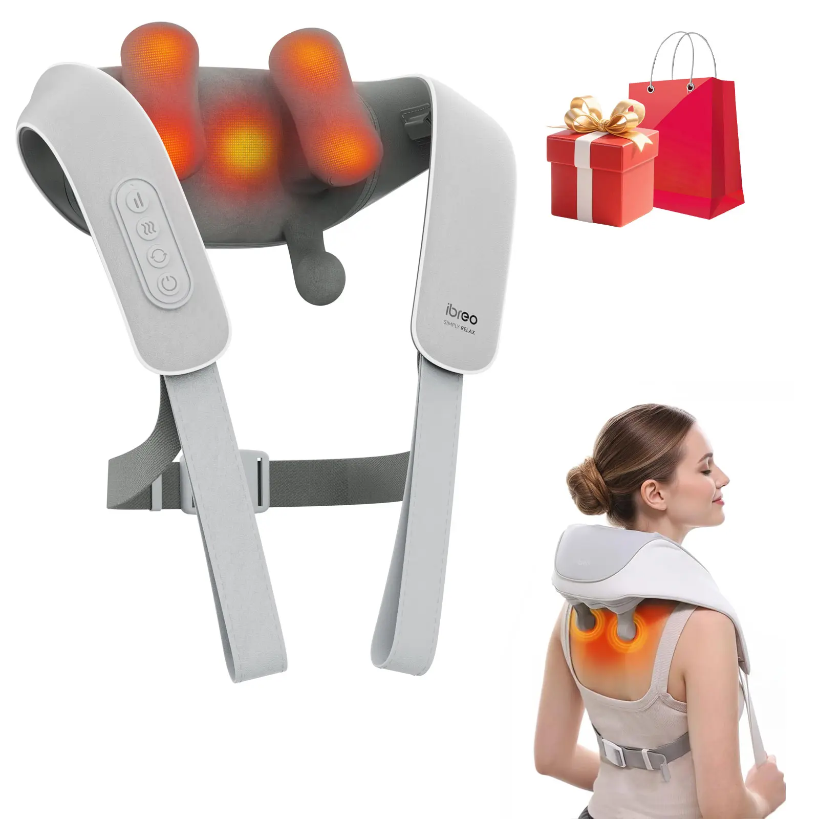 iBreo  Cordless Shiatsu Neck and Back Massager with Heat, 10 Mins x 12 Uses, 3 Massage Modes & 2 Intensity Levels, 3D Kneading Deep Tissue for Pain Relief, Voice Prompt & Smart Memory, Relax for Women, Men