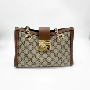 Pre-owned GUCCI Cavas, Leather Shoulder Bags Padlock Small GG Supreme