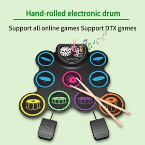Electronic Drum Set, 9-Piece Roll-Up Drum Pad Electric Drum Kit, Equipped with Headphone Jack & Built-in Speaker, Comes with Drum Sticks and Foot Pedal. Ideal Gift for Valentine's Day, Back-to-School Season and Birthday Presents.