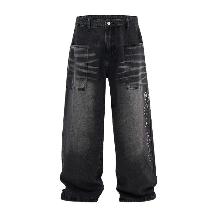 Inflation Black Washed 2025 Spring Summer New Baggy Wide Leg Jeans Wave Rhinestone Cargo Pants Y2K Streetwear Oversized Loose Fit Bling Denim Trousers