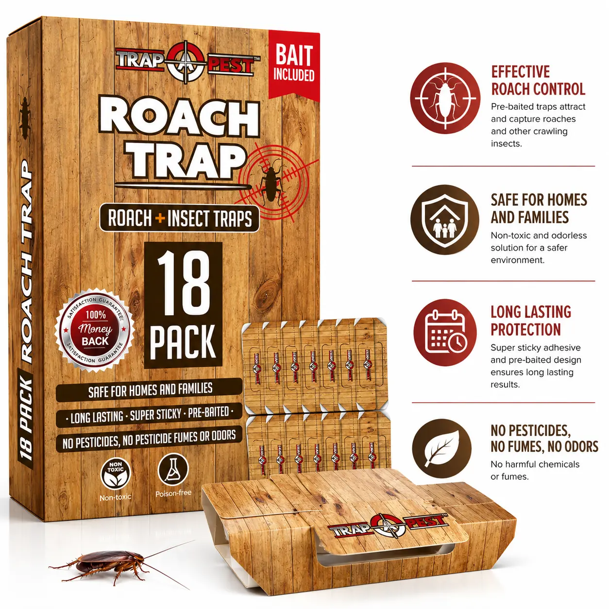 Roach Traps Indoor Sticky (18 Pack) - Glue Traps for Roaches Bug Traps with Roach Bait Traps - Long Lasting Non-Toxic Children and Pet Friendly - Trap a Pest