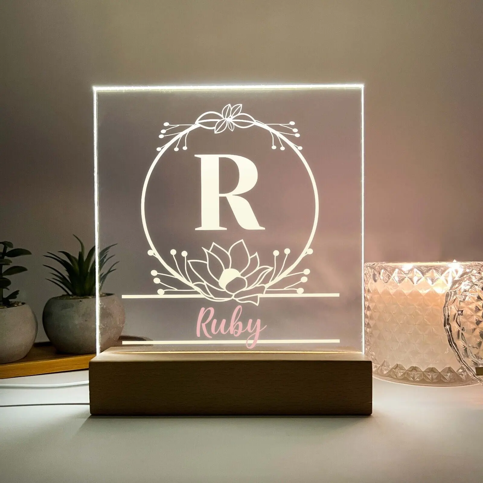Personalized Acrylic Name Display with Wood Stand – Custom Monogram Initial Plate Gift for Girls, Teens, Kids Room Décor, Birthday or Nursery Accent