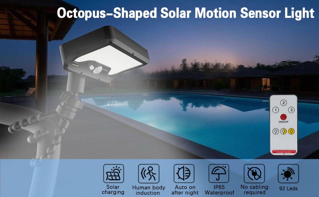 3-in-1 Clip-On Solar Lights Outdoor, No Wiring Needed, Motion Sensor Security Light, 360° Adjustable, 92 LEDs Super Bright, IP65 Waterproof for Fence, Deck & Camping