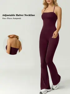 Women's Sleeveless Halter Sports Jumpsuit Soft Nylon Spandex Fabric Yoga Jumpsuit Workout Jumpsuits Suitable for Daily Wear Outdoor Training and Fitness Fashion All-Match Wide Leg Pants Four Seasons One-Piece Sportswear