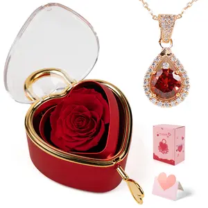 Real Rose Jewelry Box with Red Diamond Necklace Included, Romantic Gift for Women, Mom,Wife, Girlfriend, Daughter,Luxury Present for Birthday, Anniversary, Valentine's Day
