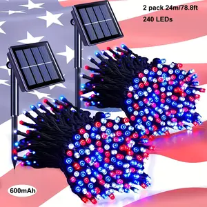 2pack Solar LED String Fairy Lights Outdoor, July 4th Solar Powered LED String Holiday Lights 8 Modes For Independence Day Indoor Outdoor Christmas Tree Wedding Party Bedroom Courtyard Decoration (Red & Blue & White)