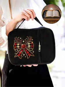 Christmas Bow Reindeer Print Bible Bag, Handle and Zip Pockets, Ideal Christmas Party Gift, Large Capacity Book Protector