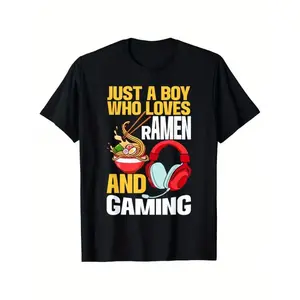 Just A Boy Who Loves Ramen And Gaming Game T-Shirt Fashion Trend Men's Pure Cotton Round Neck T-shirt Creative Cool Color Pattern Printing 180g Fabric weight Regular Size S-5XL Cute Eating Ramen Cartoon, All-Season, Family T-shirt
