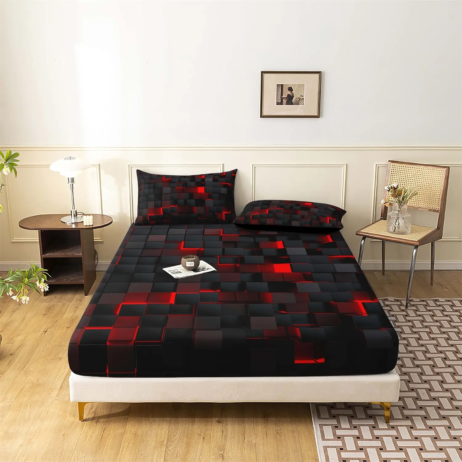 3-Piece Geometric Grid Print Bedding Set (1 Fitted Sheet + 2 Pillowcases), Skin-Friendly Breathable Fabric, Non-Slip Full Coverage, All-Season Use, Bedsheet Set, Bed Sheets Set