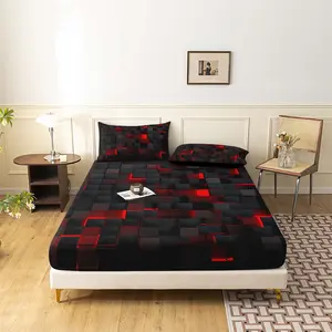 3-Piece Geometric Grid Print Bedding Set (1 Fitted Sheet + 2 Pillowcases), Skin-Friendly Breathable Fabric, Non-Slip Full Coverage, All-Season Use