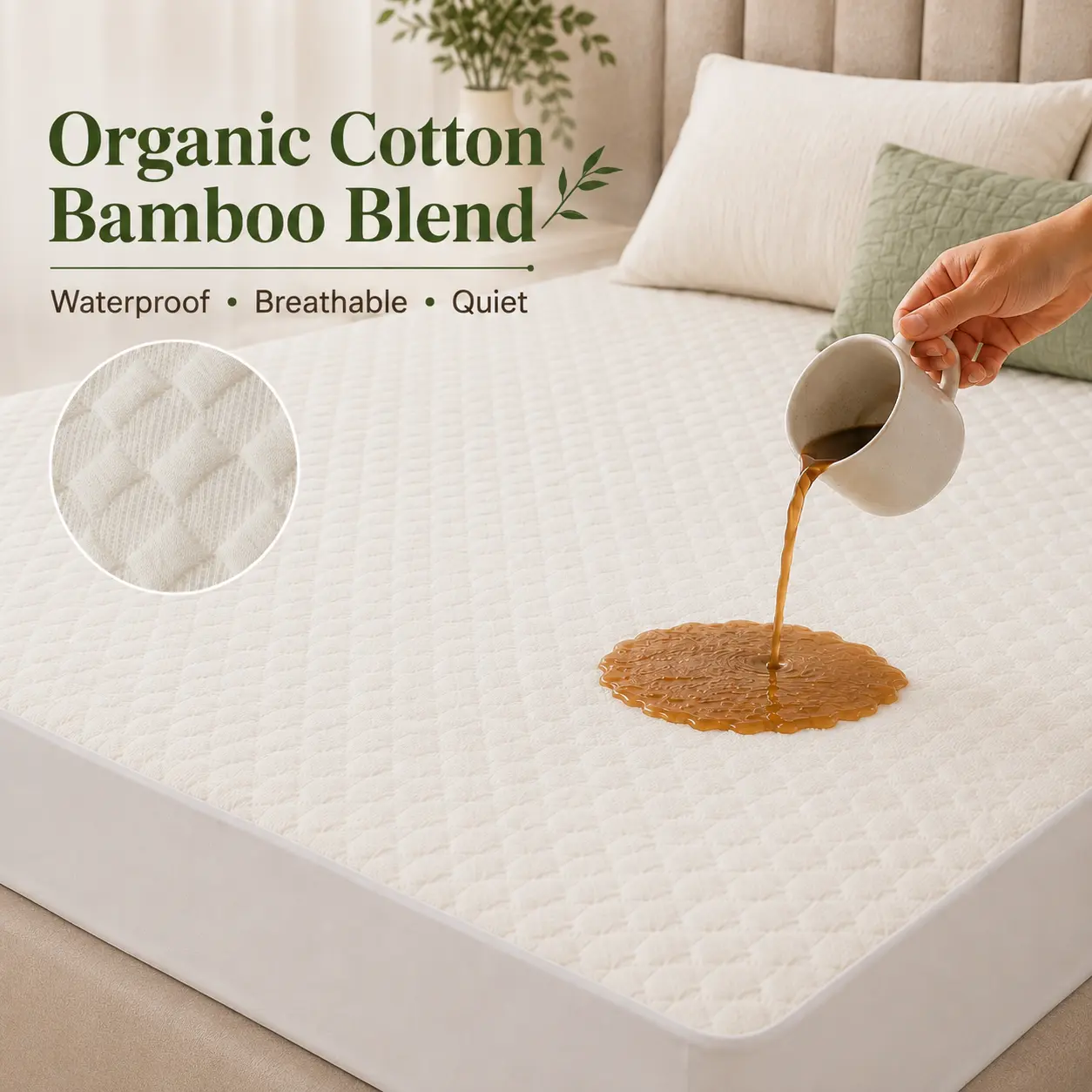Organic Cotton & Bamboo Blend Waterproof Mattress Protector, Soft Breathable Noiseless Mattress Cover, Waffle Top, Deep Pocket Fits 8-18 in