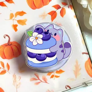 Blueberry Macaron & Cat MagSafe Phone Grip – Cute Kawaii Dessert Magnetic Pop Socket & Kickstand – Pastel Phone Accessory Gift