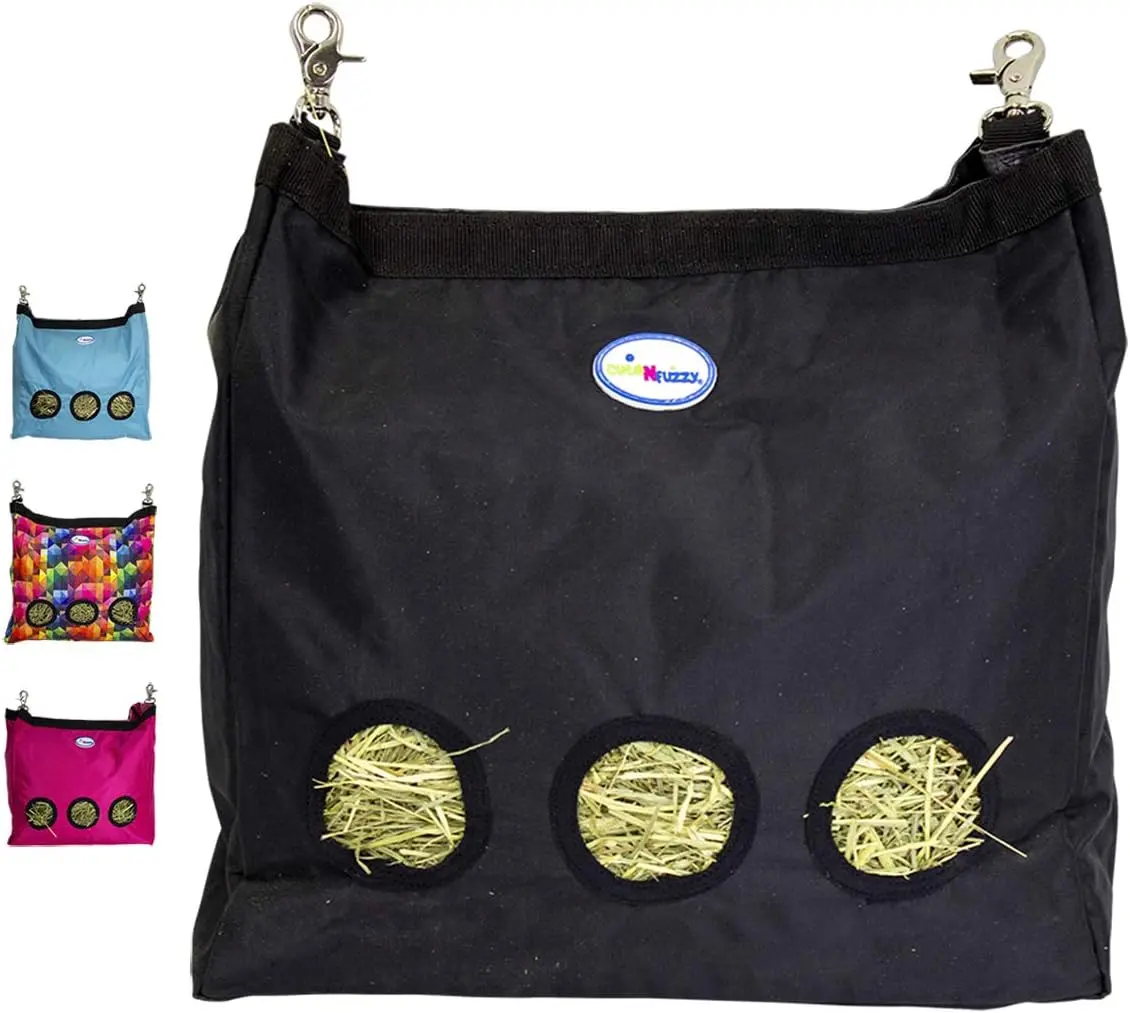 3-Opening Hay Bag for Rabbits, Guinea Pigs & Chinchillas, Large Hanging Hay Feeder, 15" x 15" x 5", Reduces Hay Waste & Cage Mess, 6-Month Warranty (Black, 15" x 15" x 5")