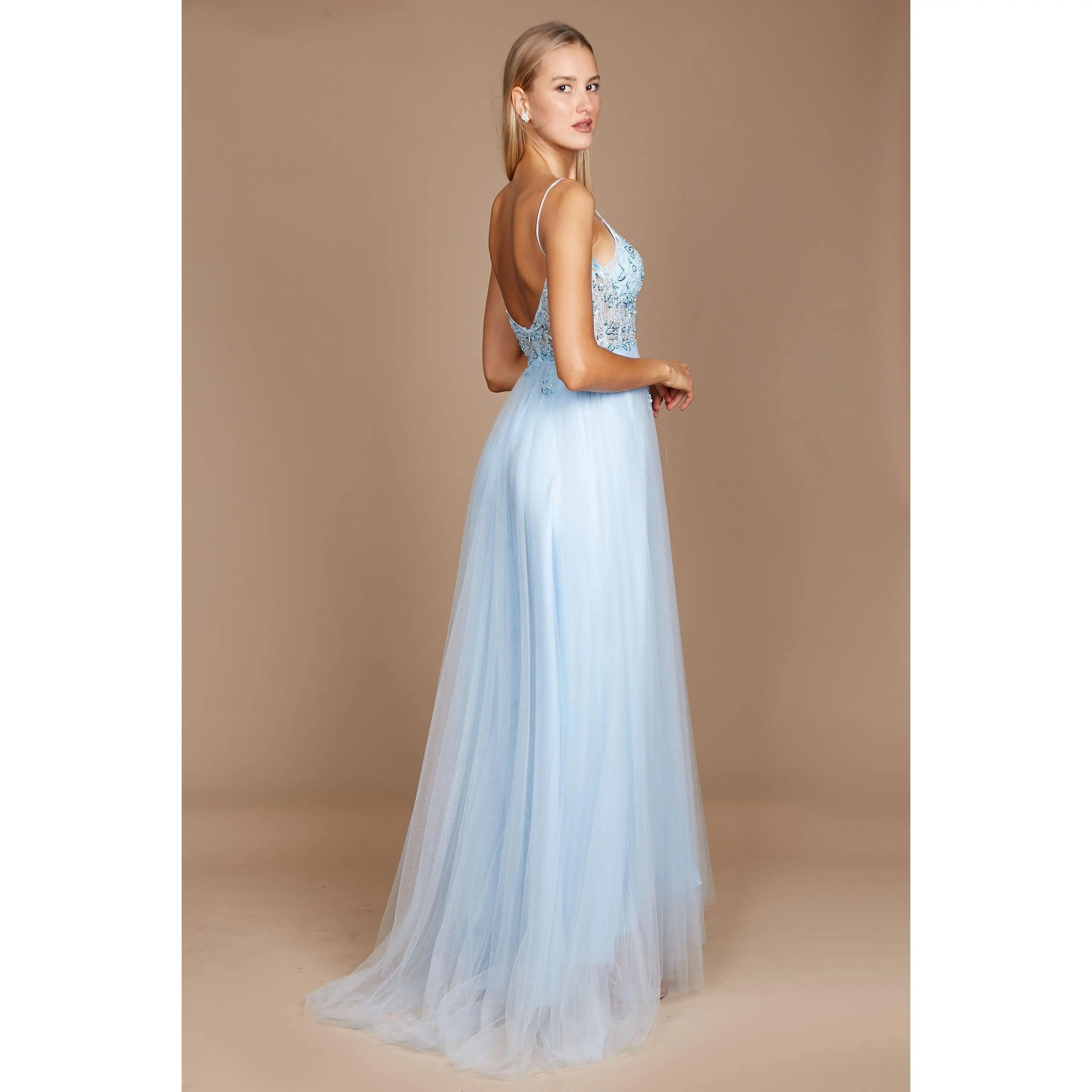 beach wear white dress Unique tulle beads long prom dress, tulle formal dress  toptby
