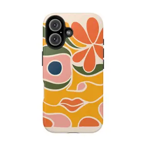 Abstract Floral Face Tough Phone Case | Retro Orange Pink Flower Pattern
