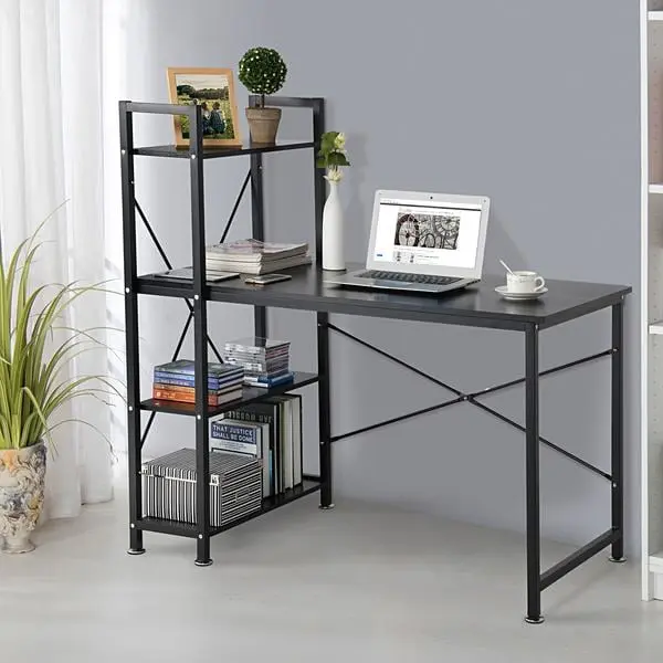Utopia Alley Modern Style Computer Desk with 4 Tier Attached Book Shelf, Black, Assembly Required, Bedroom Den, Built-In Bookshelves Computer Armoires, Desk-Included Computer Armoires