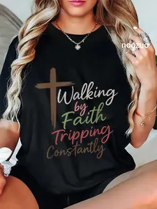 Unisex Christian Faith Humor Graphic Tees Vintage Walking By Faith Tripping Constantly Funny Christian T-Shirt Casual Graphic Printed Vintage Tshirt Plus Size