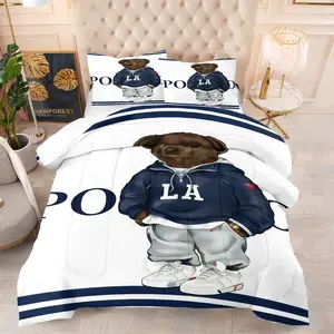 Teddy bear printed pattern bedding set, including 1 blanket and 1 or 2 pillowcases without pillowcases, soft children's or adult bedroom decoration gift